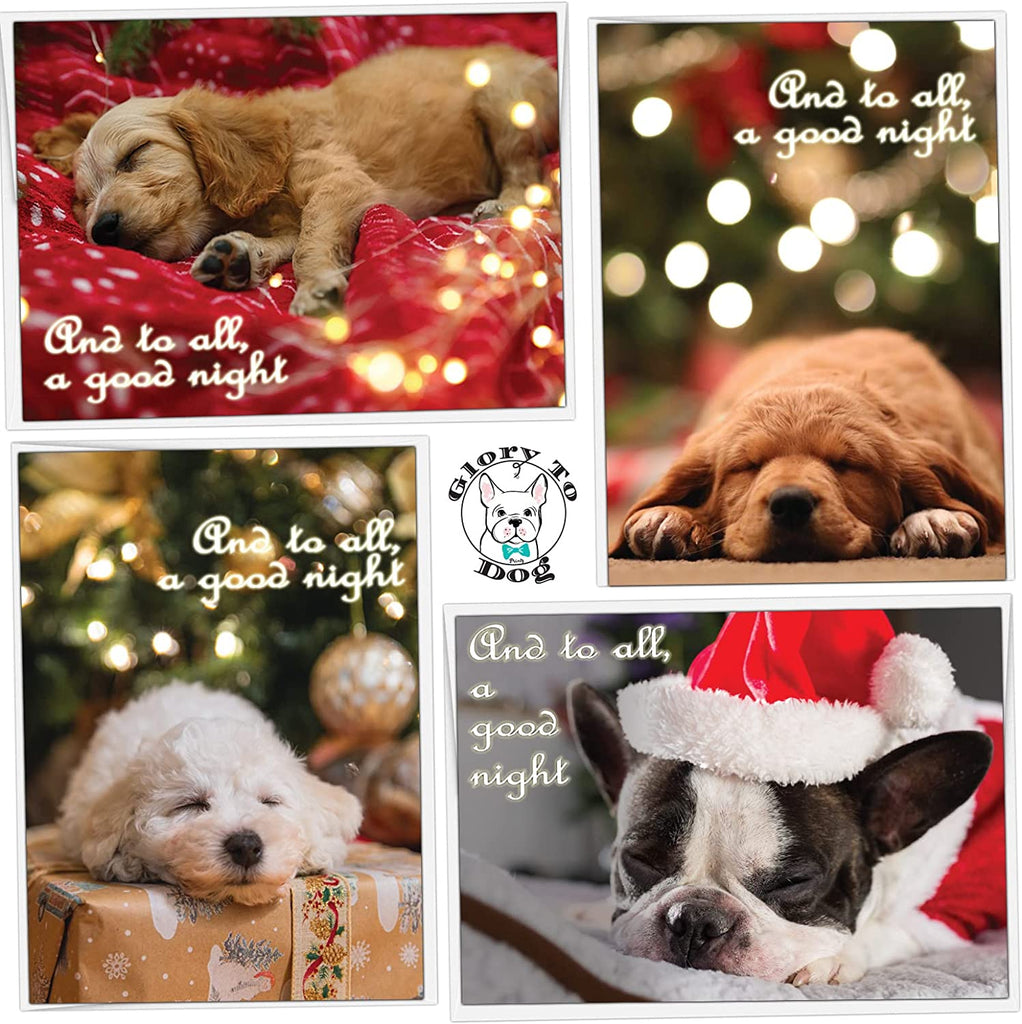 A montage of pictures of each of 4 designs of greeting cards featuring sleeping puppies all with their eyes closed.  Very cute.  All designs feature the saying "and to all a good night on the front"