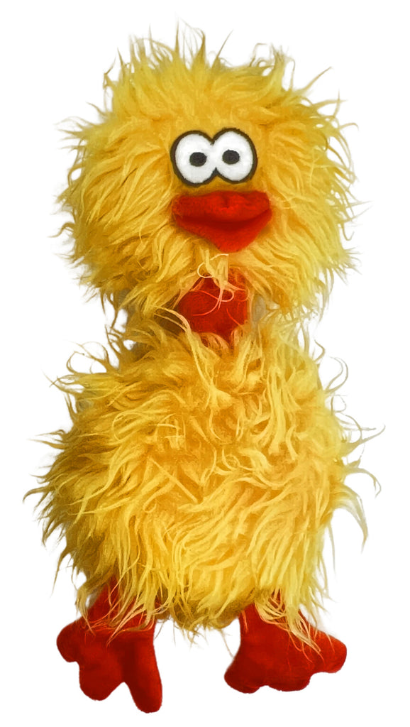 Phyllis the Crazy Chicken has beautiful golden locks, and a surprised expression on her face 